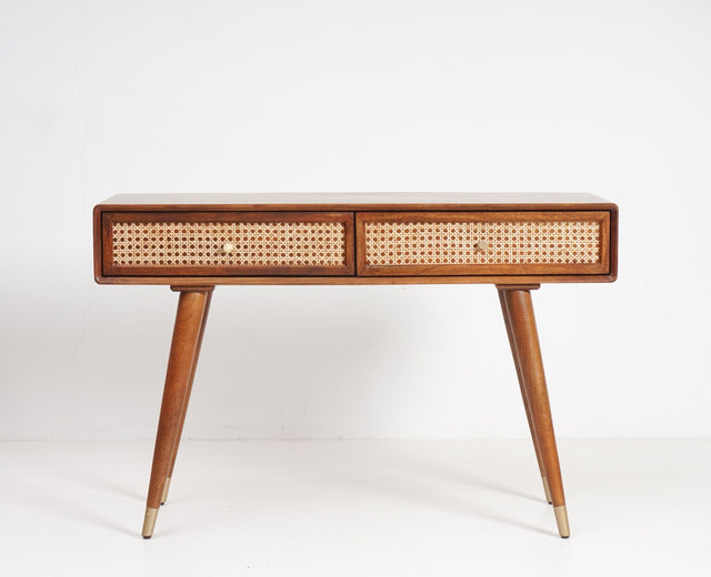 Boston Solid Wood Rattan Cane Study Laptop Table with Two Drawer - Study Table - Furniselan Brown-Finish