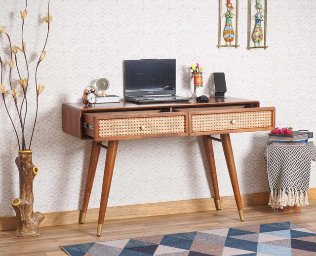 Boston Solid Wood Rattan Cane Study Laptop Table with Two Drawer - Study Table - Furniselan Brown-Finish