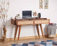 Boston Solid Wood Rattan Cane Study Laptop Table with Two Drawer - Study Table - Furniselan Brown-Finish