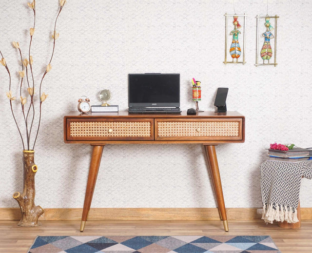 Boston Solid Wood Rattan Cane Study Laptop Table with Two Drawer - Study Table - Furniselan Brown-Finish