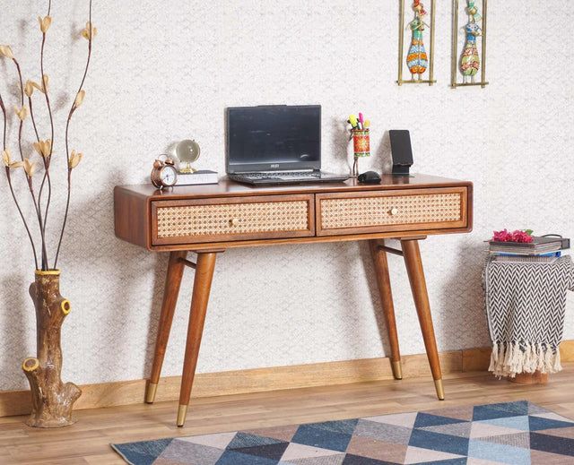 Boston Solid Wood Rattan Cane Study Laptop Table with Two Drawer - Study Table - Furniselan Brown-Finish