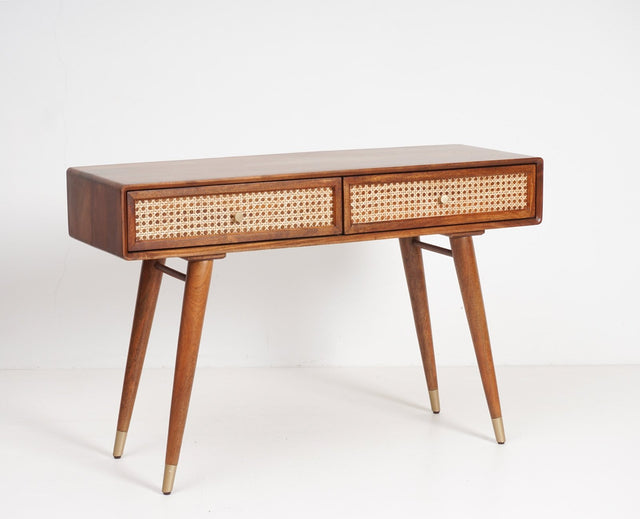 Boston Solid Wood Rattan Cane Study Laptop Table with Two Drawer - Study Table - Furniselan Brown-Finish