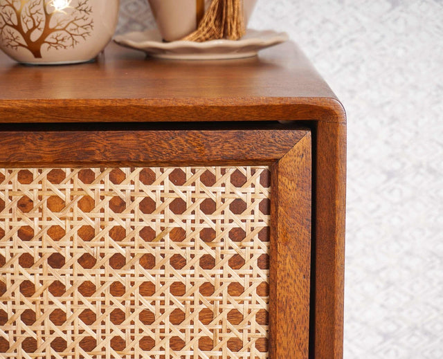 Boston Solid Wood Rattan Cane Tall Chest of Drawer Five Drawer Furniselan Brown-Finish