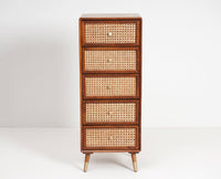 Boston Solid Wood Rattan Cane Tall Chest of Drawer Five Drawer Furniselan Brown-Finish