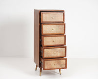 Boston Solid Wood Rattan Cane Tall Chest of Drawer Five Drawer Furniselan Brown-Finish