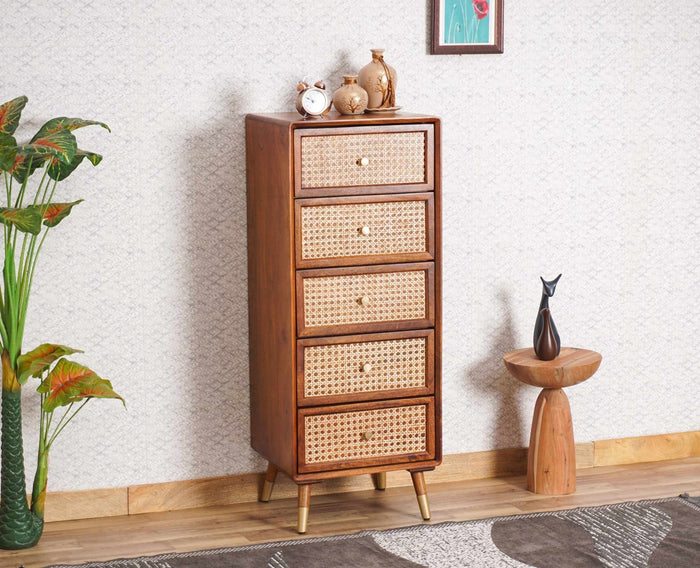 Boston Solid Wood Rattan Cane Tall Chest of Drawer Five Drawer - Chest of Drawer - Furniselan