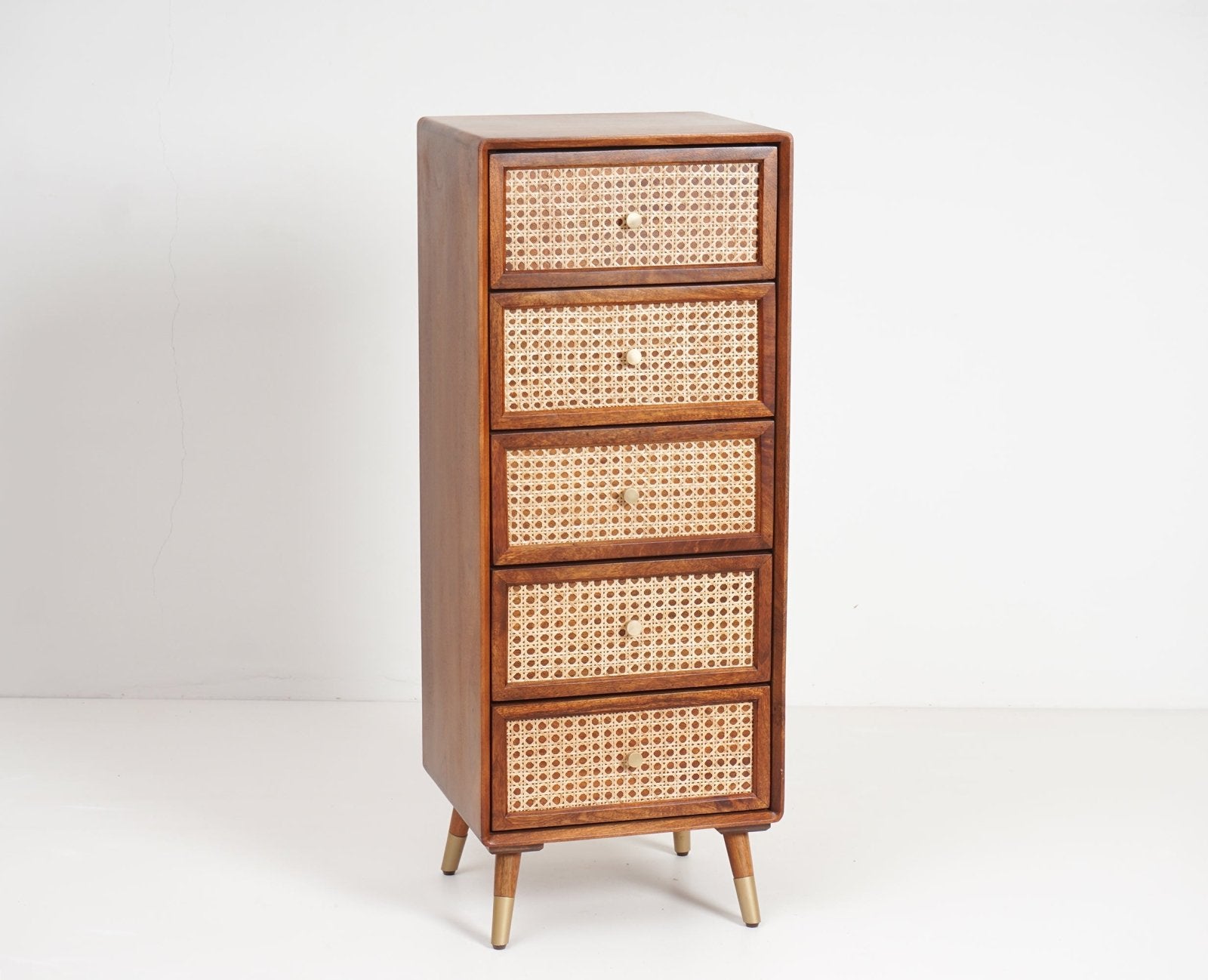 Chanon Drawer Boston Solid Wood Rattan Cane Chest of Drawer Five Drawer