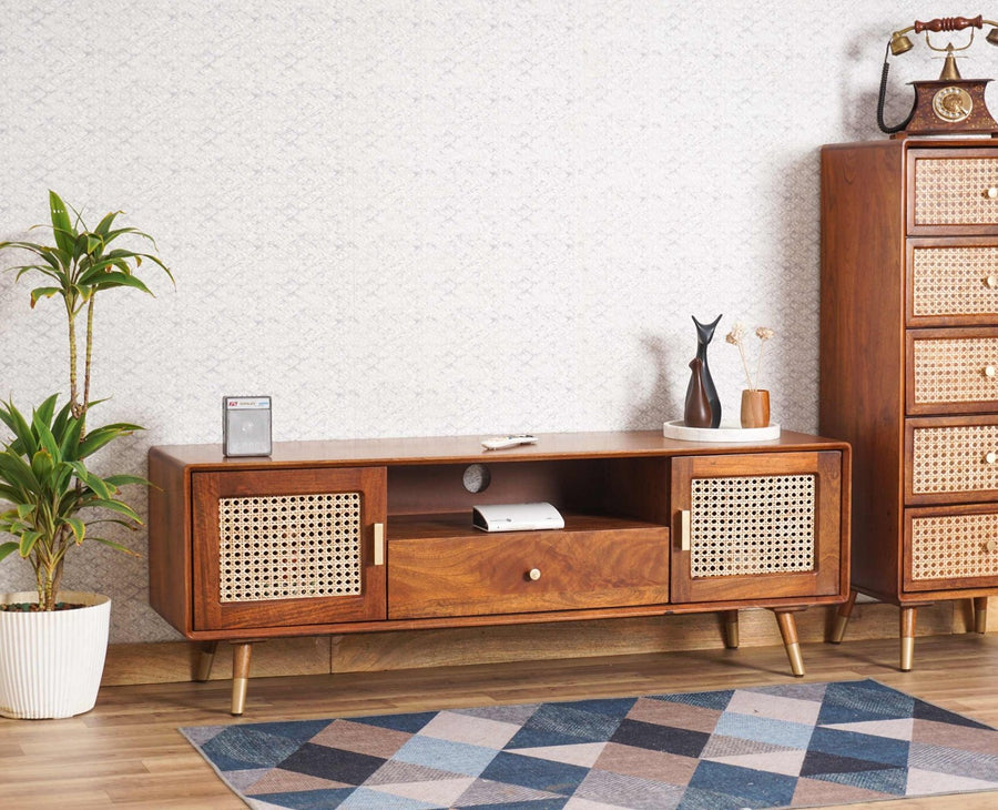 Boston Solid Wood Rattan Cane Tv Cabinet - Tv Cabinet - Furniselan Brown-Finish