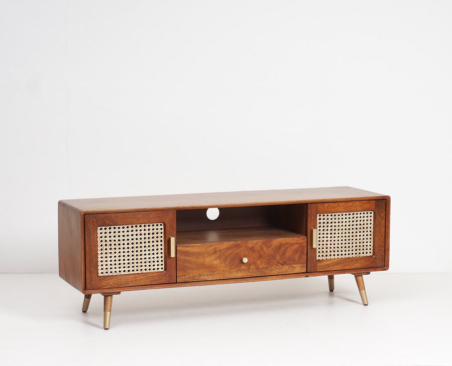 Boston Solid Wood Rattan Cane Tv Cabinet - Tv Cabinet - Furniselan Brown-Finish
