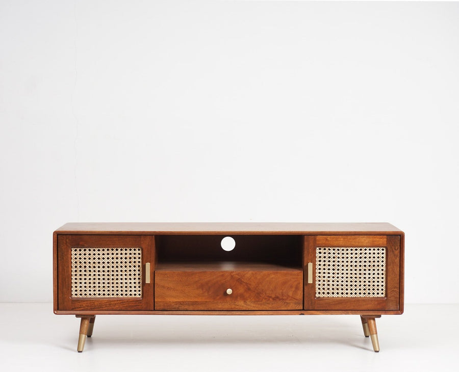 Boston Solid Wood Rattan Cane Tv Cabinet - Tv Cabinet - Furniselan Brown-Finish