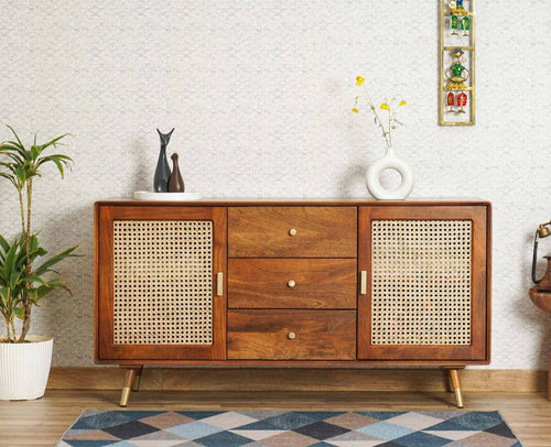 Boston Solid Wood Rattan Cane Two Door Sidebaord with three Drawers - Sideboard - Furniselan