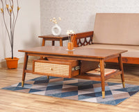 Boston Solid Wood Rattan Cane two Drawer Coffee Table - Coffee Table - Furniselan Brown-Finish