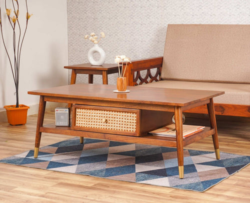 Boston Solid Wood Rattan Cane two Drawer Coffee Table - Coffee Table - Furniselan