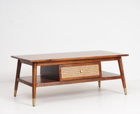 Boston Solid Wood Rattan Cane two Drawer Coffee Table - Coffee Table - Furniselan Brown-Finish
