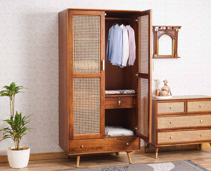 Boston Solid Wood Rattan Cane Wardrobe - Wardrobes & Cabinets - Furniselan