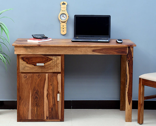 Cabinda Solid Wood Writing Study Table, Study Laptop Desk with Drawer & Door including Chair - Study Table - Furniselan - Rustic-Teak-Finish