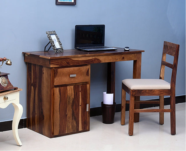 Cabinda Solid Wood Writing Study Table, Study Laptop Desk with Drawer & Door including Chair - Study Table - Furniselan -  Teak-Finish
