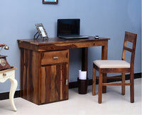 Cabinda Solid Wood Writing Study Table, Study Laptop Desk with Drawer & Door including Chair - Study Table - Furniselan -  Teak-Finish
