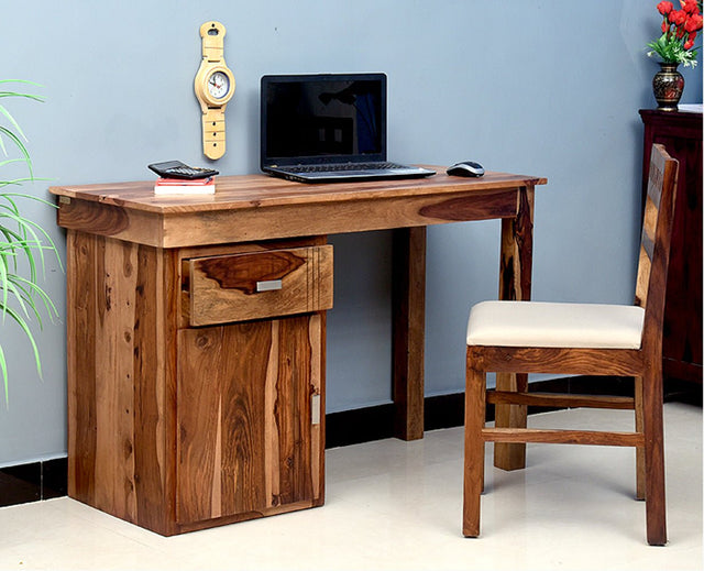 Cabinda Solid Wood Writing Study Table, Study Laptop Desk with Drawer & Door including Chair - Study Table - Furniselan - Rustic-Teak-Finish