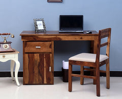 Cabinda Solid Wood Writing Study Table, Study Laptop Desk with Drawer & Door including Chair - Study Table - Furniselan -  Teak-Finish