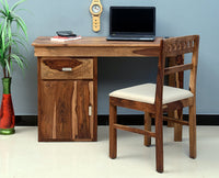 Cabinda Solid Wood Writing Study Table, Study Laptop Desk with Drawer & Door including Chair - Study Table - Furniselan - Rustic-Teak-Finish