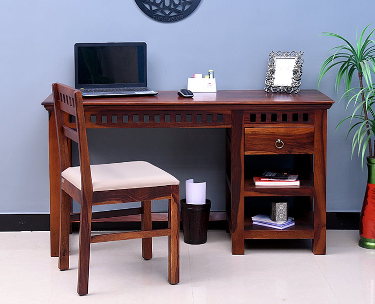 Cairo Solid Wood Writing Study Table, Study Laptop Desk with Drawer including Chair - Study Table - Furniselan - Maple-Finish
