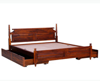 Calgary Solid Wood Queen Bed With Storage Drawers - Queen Size Bed - Furniselan-Kapasi-Brown-Finish