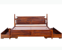Calgary Solid Wood Queen Bed With Storage Drawers - Queen Size Bed - Furniselan-Kapasi-Brown-Finish