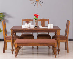 Calgary Solid Wood Six Seater Dining Set With Bench - Dining Set - Furniselan - Kapasi-Brown-Finish