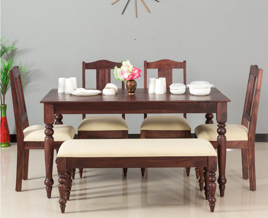 Calgary Solid Wood Six Seater Dining Set With Bench - Dining Set - Furniselan - Rosewood-Fine-Finish