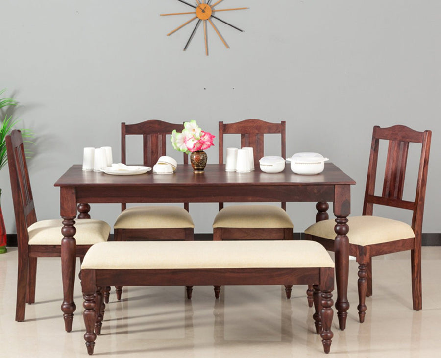 Calgary Solid Wood Six Seater Dining Set With Bench - Dining Set - Furniselan - Rosewood-Fine-Finish