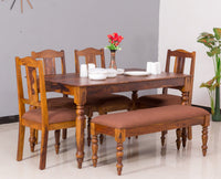 Calgary Solid Wood Six Seater Dining Set With Bench - Dining Set - Furniselan - Kapasi-Brown-Finish