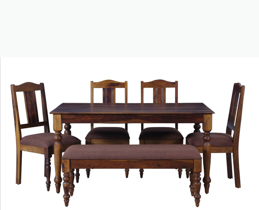 Calgary Solid Wood Six Seater Dining Set With Bench - Dining Set - Furniselan - Kapasi-Brown-Finish