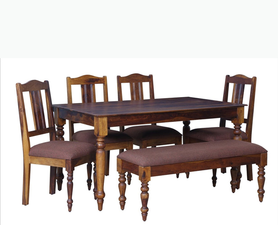 Calgary Solid Wood Six Seater Dining Set With Bench - Dining Set - Furniselan - Kapasi-Brown-Finish