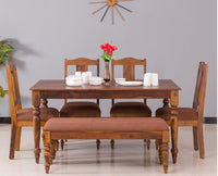 Calgary Solid Wood Six Seater Dining Set With Bench - Dining Set - Furniselan - Kapasi-Brown-Finish