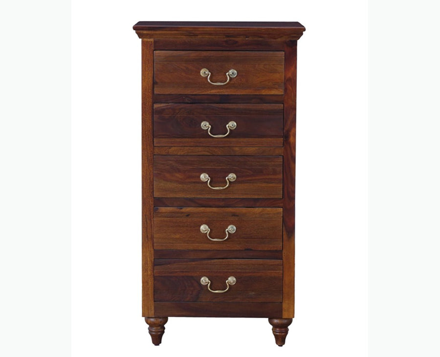 Calgary Solid Wood Tall 5 Drawer Chest Of Drawer - Bedside Table - Furniselan - Kapasi-Brown-Finish