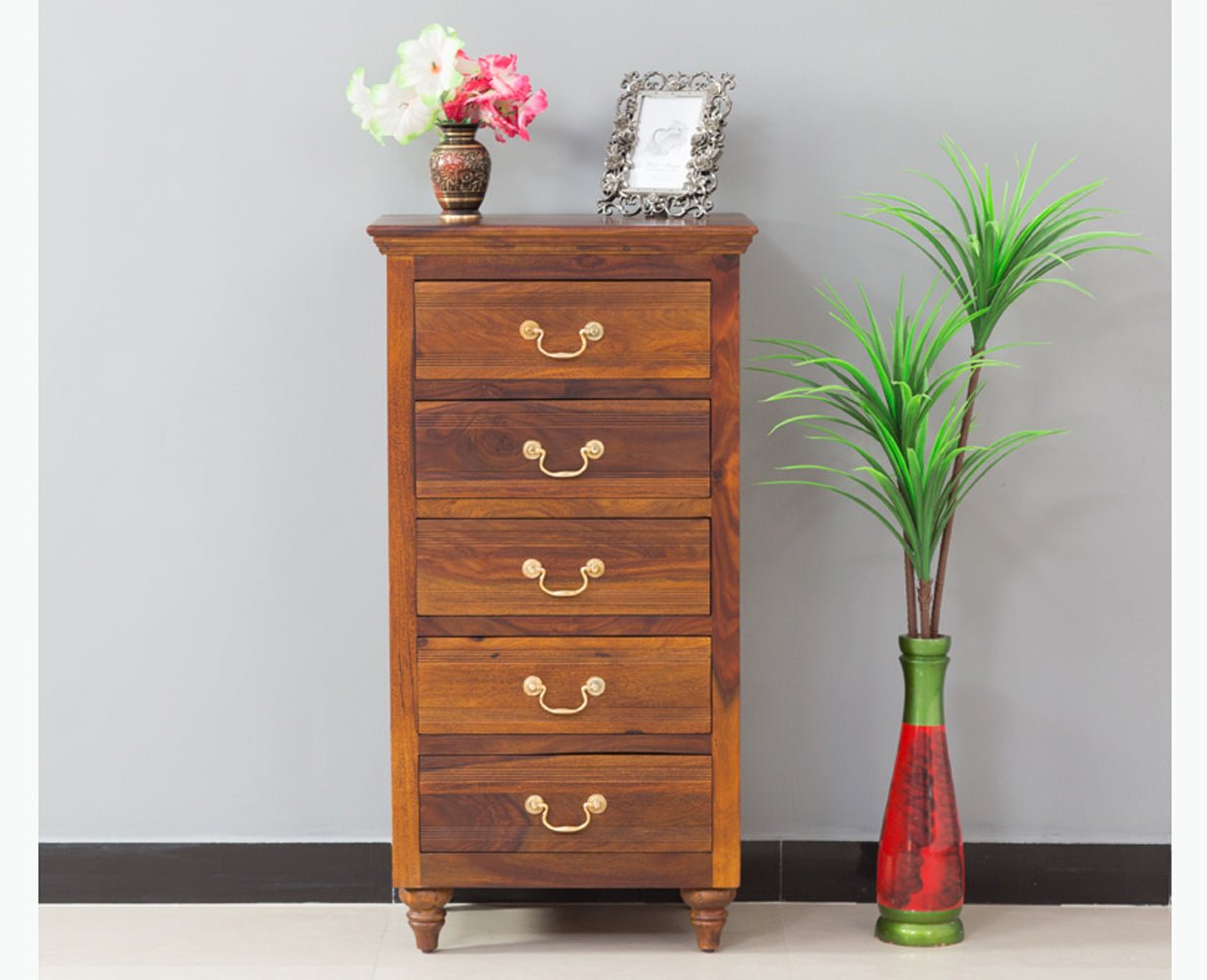 Calgary Solid Wood Tall 5 Drawer Chest Of Drawer - Bedside Table - Furniselan - Kapasi-Brown-Finish