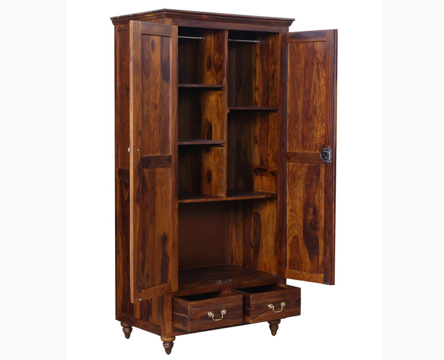 Calgary Solid Wood Two Doors Wardrobe - Wardrobes & Cabinets - Furniselan - Kapasi-Brown-Finish
