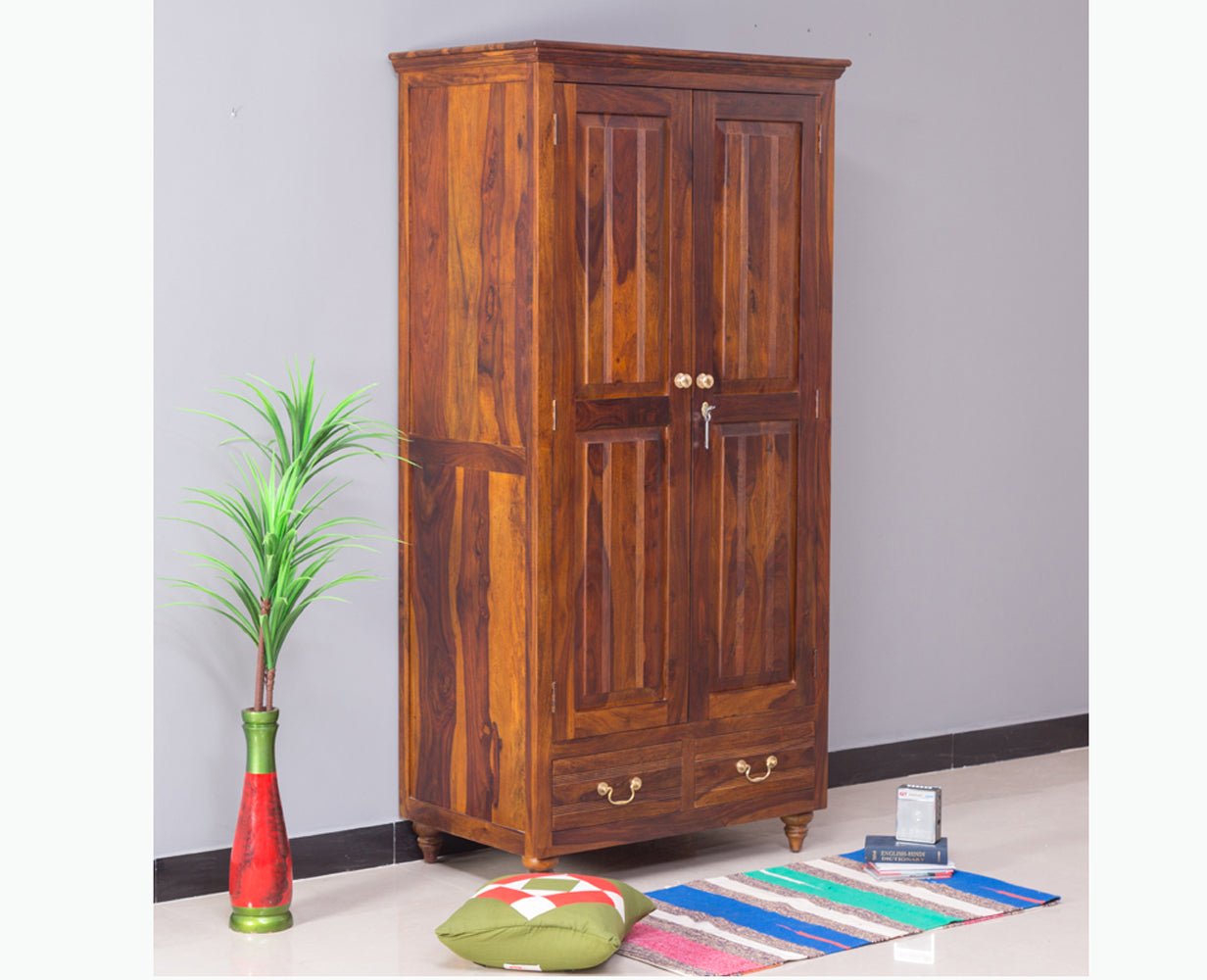 Calgary Solid Wood Two Doors Wardrobe - Wardrobes & Cabinets - Furniselan - Kapasi-Brown-Finish