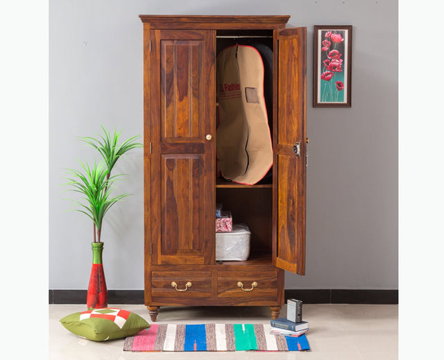 Calgary Solid Wood Two Doors Wardrobe - Wardrobes & Cabinets - Furniselan - Kapasi-Brown-Finish