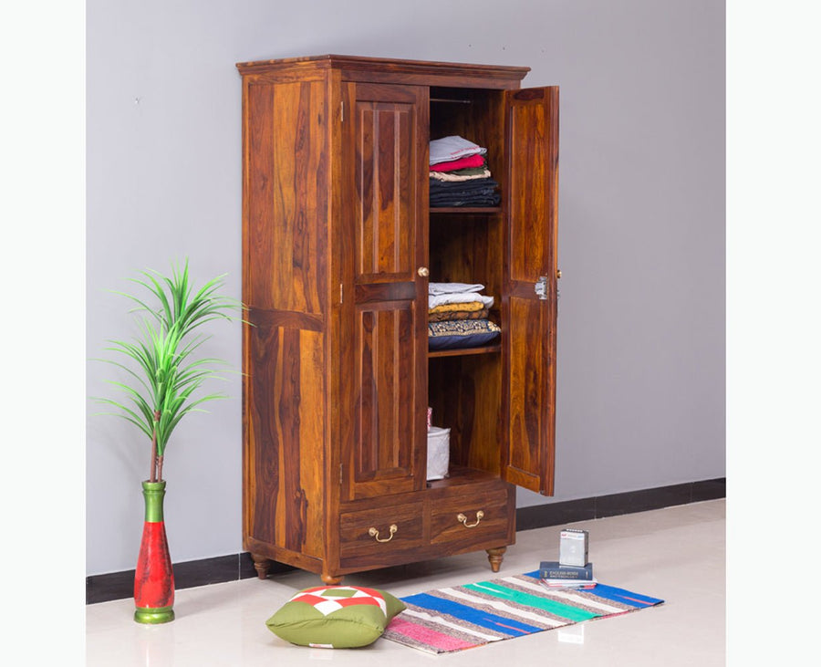 Calgary Solid Wood Two Doors Wardrobe - Wardrobes & Cabinets - Furniselan - Kapasi-Brown-Finish