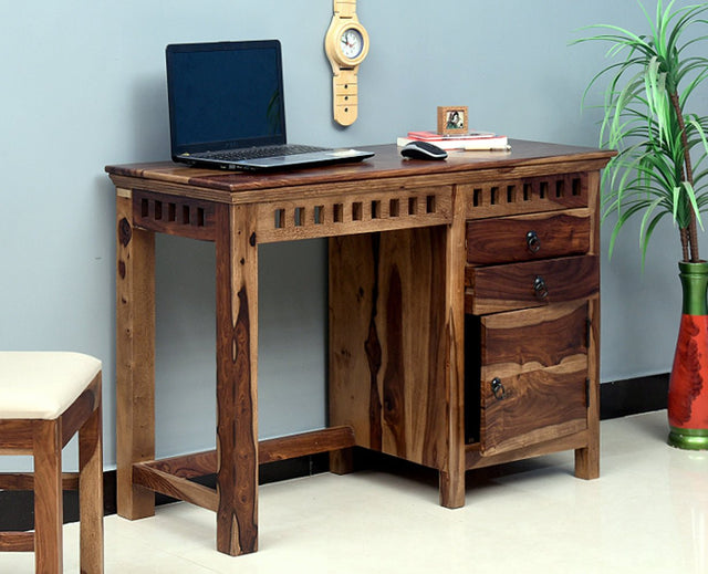 Cape Town Solid Wood Writing Study Table, Study Laptop Desk with Two Drawers & One Door - Study Table - Furniselan -  Rustic-Teak-Finish