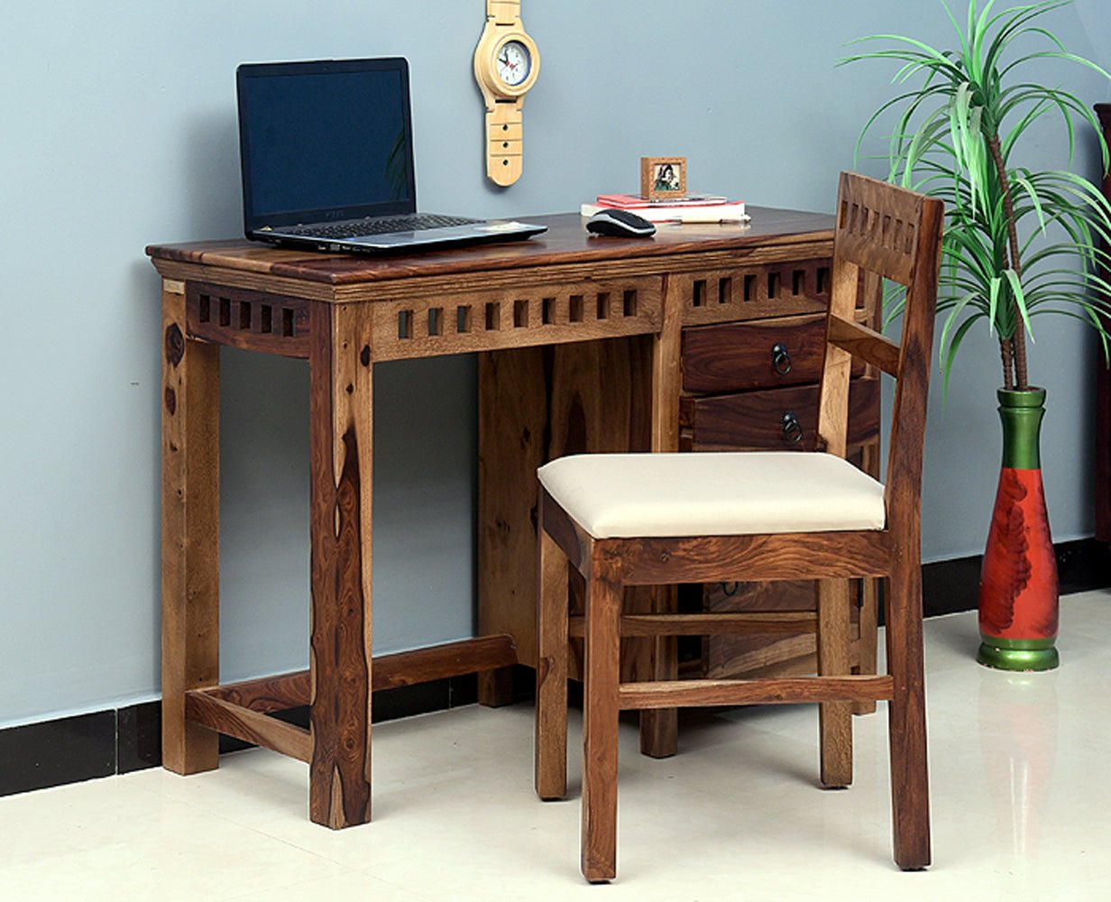 Cape Town Solid Wood Writing Study Table, Study Laptop Desk with Two Drawers & One Door including Chair - Study Table - Furniselan - Rustic-Teak-Finish
