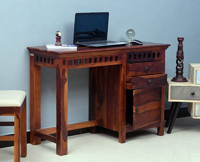 Cape Town Solid Wood Writing Study Table, Study Laptop Desk with Two Drawers & One Door including Chair - Study Table - Furniselan - Maple-Finish