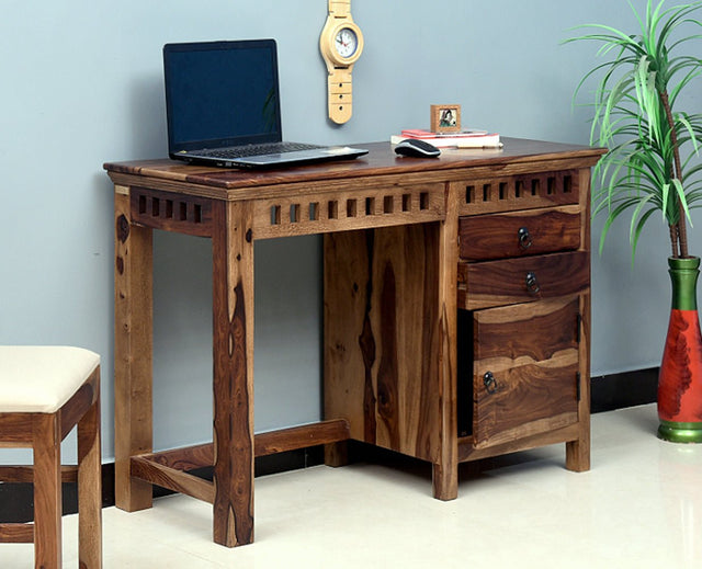Cape Town Solid Wood Writing Study Table, Study Laptop Desk with Two Drawers & One Door including Chair - Study Table - Furniselan - Rustic-Teak-Finish