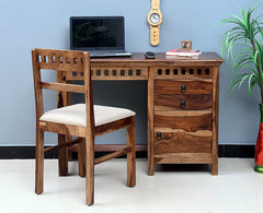 Cape Town Solid Wood Writing Study Table, Study Laptop Desk with Two Drawers & One Door including Chair - Study Table - Furniselan - Rustic-Teak-Finish