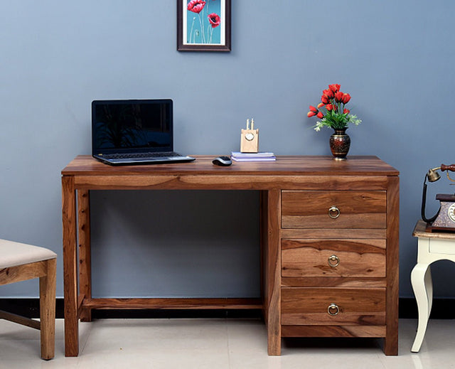 Chennai Solid Wood Writing Study Table, Study Laptop Desk with Three Drawers - Study Table - Furniselan - Rustic-Teak-Finish