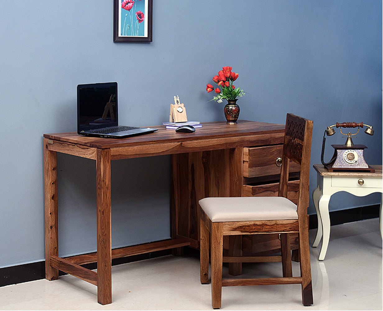 Chennai Solid Wood Writing Study Table, Study Laptop Desk with Three Drawers With Chair - Study Table - Furniselan - Rustic-Teak-Finish
