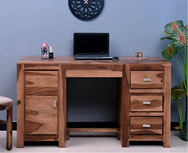 Chicago Solid Wood Writing Study Table, Study Laptop Desk with Three Drawers, One Door & Keyboard Try - Study Table - Furniselan - Rustic-Teak-Finish