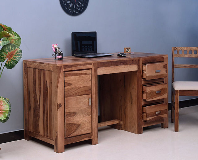 Chicago Solid Wood Writing Study Table, Study Laptop Desk with Three Drawers, One Door & Keyboard Try - Study Table - Furniselan - Rustic-Teak-Finish